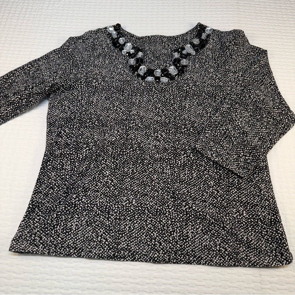 Ruby Red Black And White Patterned Top With Beade… - image 1